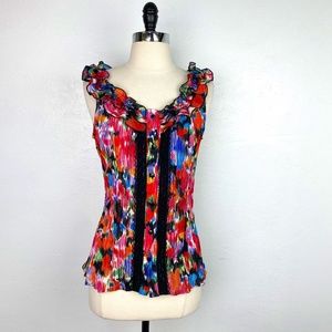 NY Collections Womens Ikat Colorful Top Small Sleeveless Ruffles Black Lace Trim